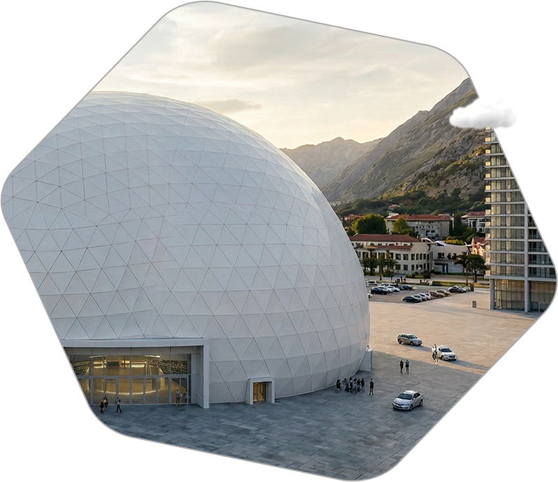 Gigadome - large entrance - geodesic structures for exhibitions