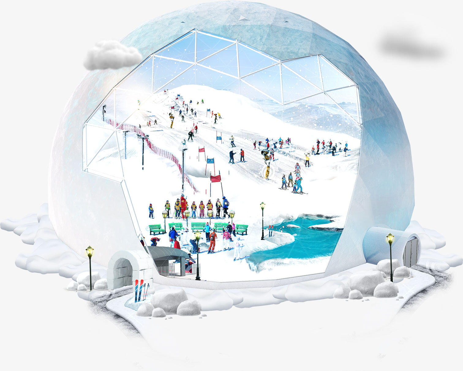 Snow Geodesic Domes and Ice Bars - Geodome igloo with artificial ice for fun at any time of the year