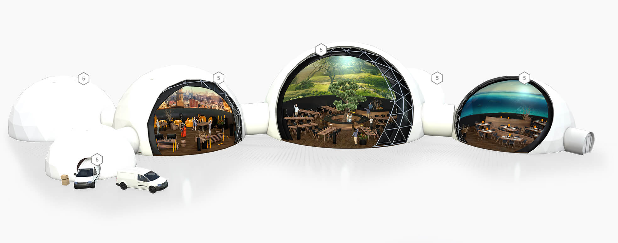 Restaurant Godesic Tents with storage, delivery point, vip room, green restaurant and much more - 360 video projections in geodesic domes