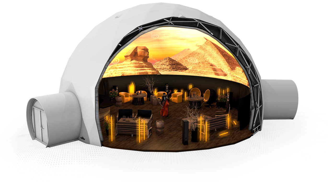 Cozy restaurant in immersive geodesic dome ( custom multimedia projections )