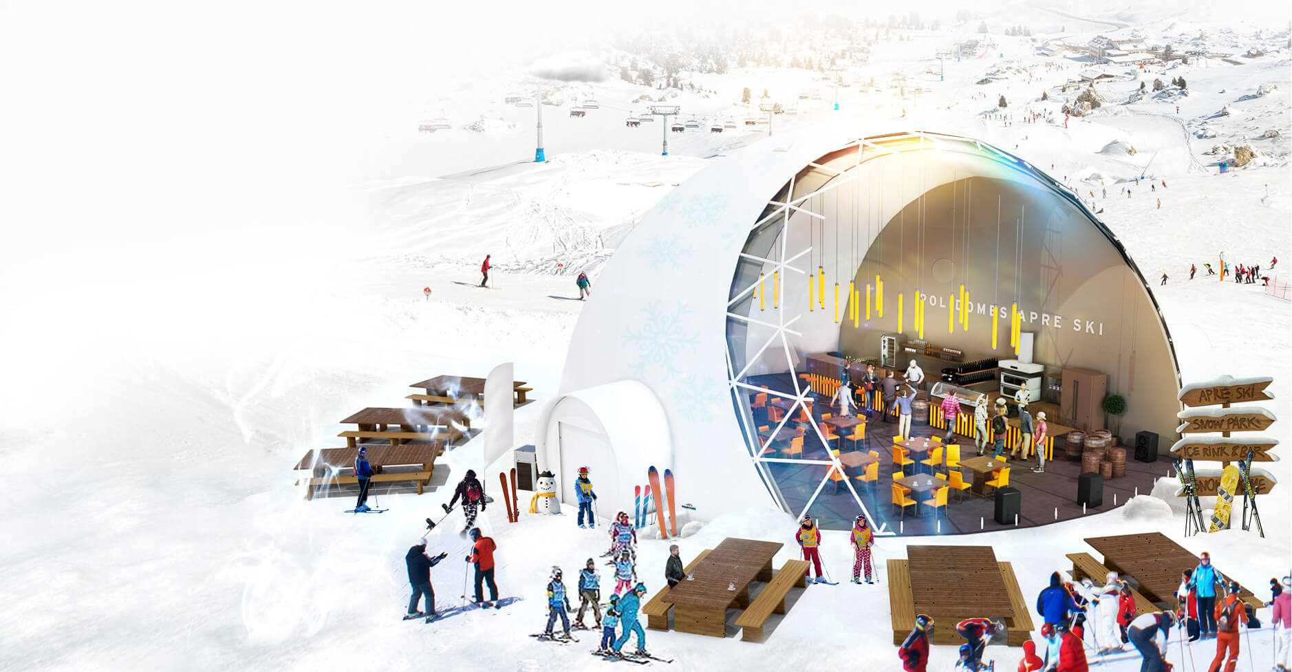 Hospitality Apre Ski - ski resort in a geodesic tent like modern igloo for winter fun and relaxation