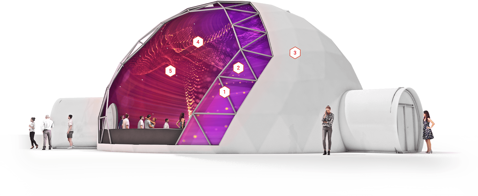 Fulldome 360 projection dome with two entrances ( scheme and cross-section )