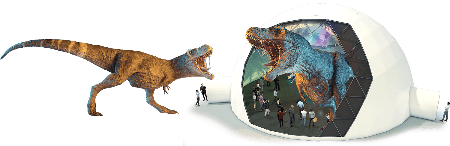Immersive virtual trip to Jurassic Park in a geodesic dome tent construction - visitors and dinosaurs