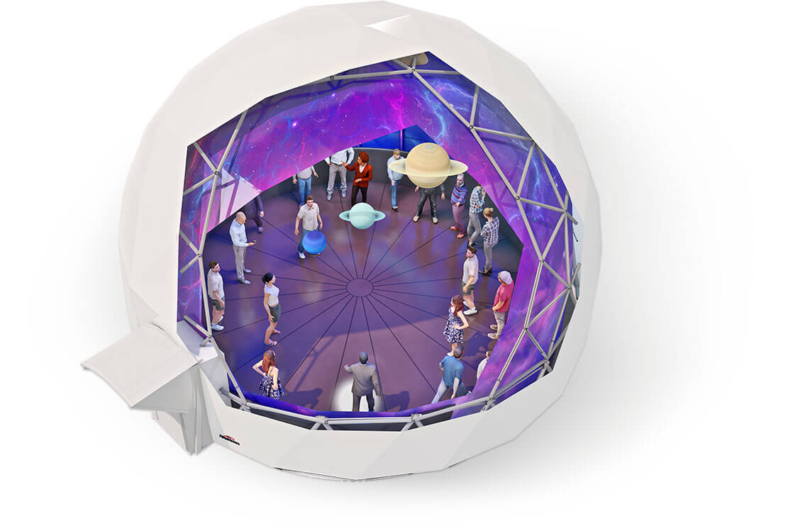 Planetarium solutions in geodesic dome structure - mobile planetarium with immersive experience 360 video sphere