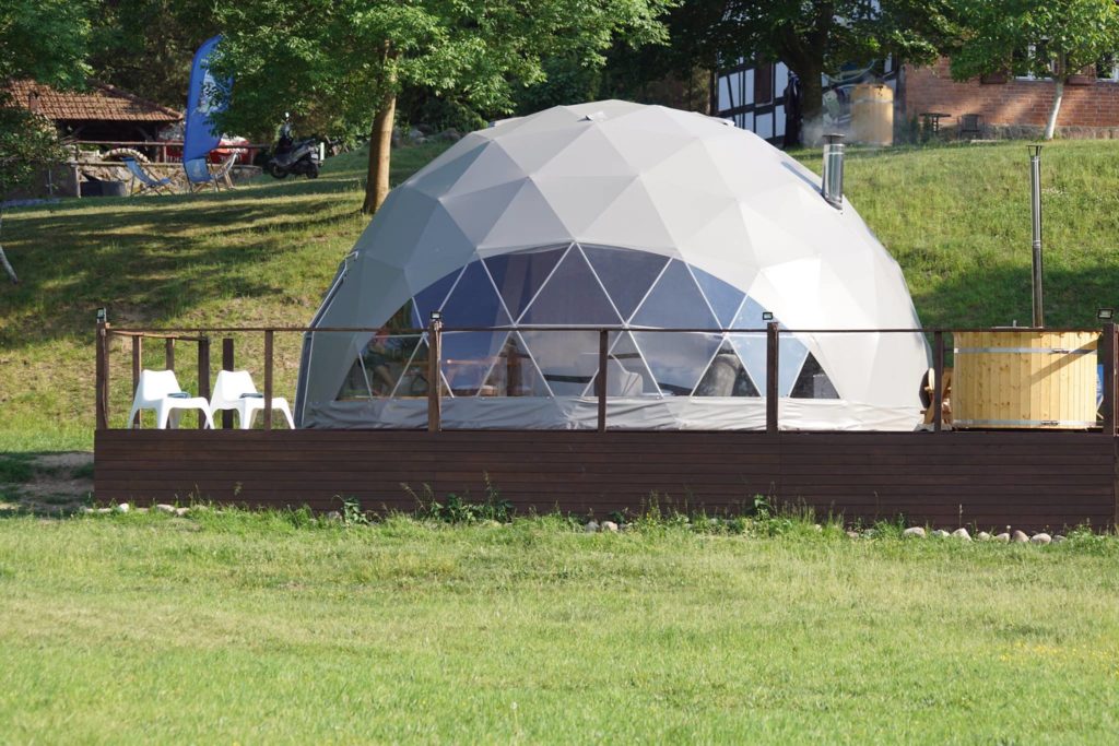 glamping pod on a wooden dack