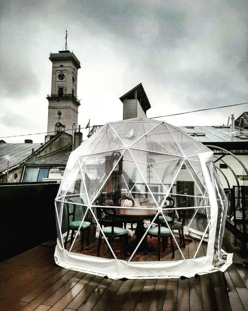 Cozy rooftop bar igloos, Lviv Feb. 2019 Polidomes geodesic tents