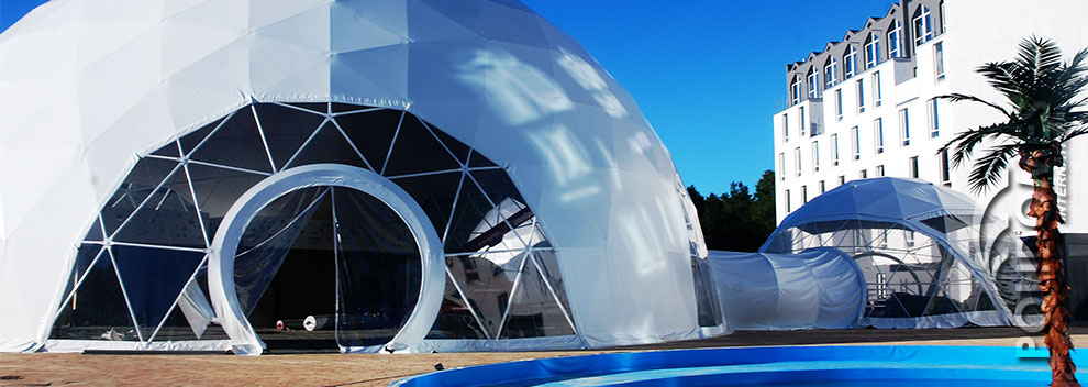 geodesic domes tents connected with tunnel